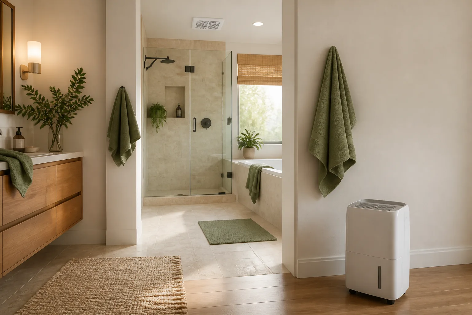 Ceiling exhaust fan and portable dehumidifier positioned safely outside the bathroom splash zone