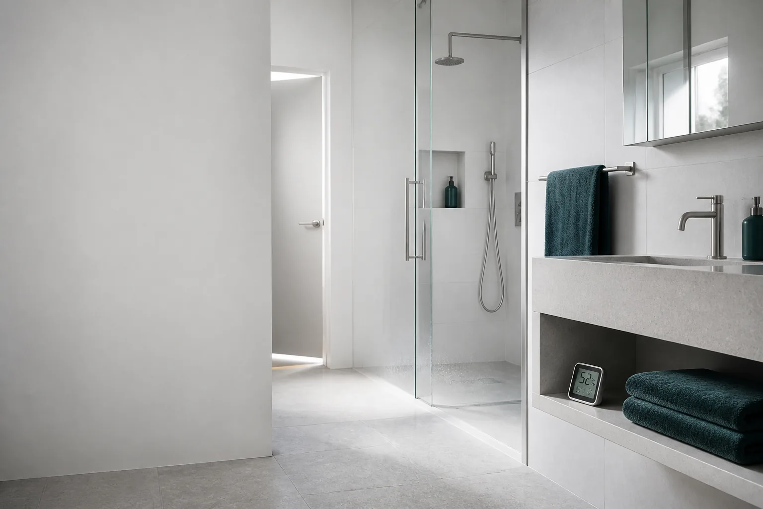 Bright bathroom with a humidity meter on a dry shelf outside the shower