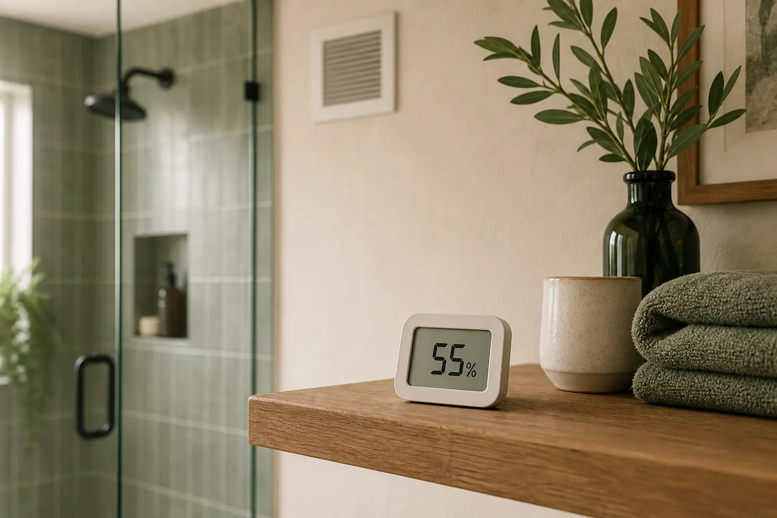 Digital hygrometer showing 55 percent humidity on a dry bathroom shelf