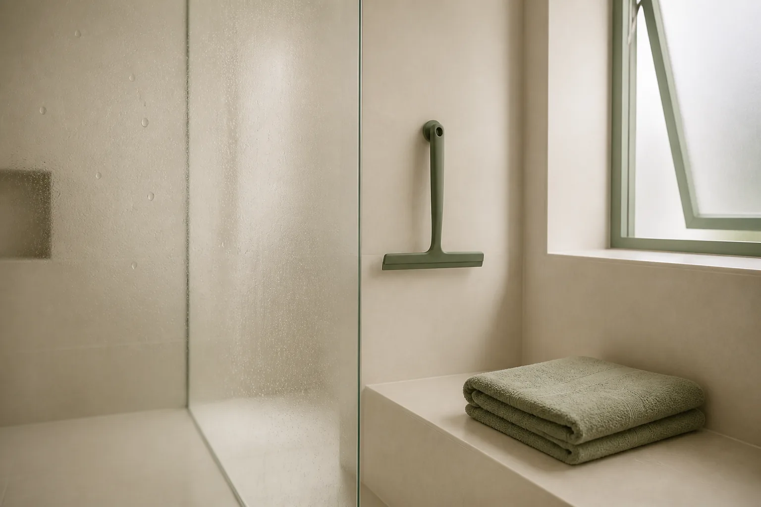 Condensation on a shower door beside a squeegee, open window and drying towels